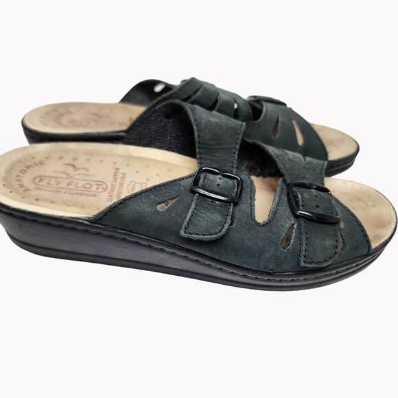 Fly Flot Womens Size 8  Leather Upper Anti-Shock Black Sandals - Picture 9 of 12